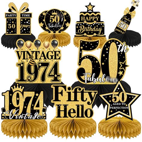 PRICES MAY VARY. Package: You will receive 9pcs black gold 50th birthday party table decorations, the exquisite honeycomb centerpieces highlight your 1974 birthday party theme and bring you the best birthday wishes. Material: This is a set of high-quality paper birthday decorations, the cards are printed on both sides, and the patterns are beautiful and clear. The honeycomb base is three-dimensional sturdy. Design: This set of birthday decorations is designed for 50-year-old women and men. It us 50th Birthday Party Table Decorations, Vintage 50th Birthday Party, 50th Birthday Party Centerpieces, Honeycomb Centerpiece, Birthday Party Table Decorations, Birthday Party Table, 50th Birthday Decorations, Birthday Party Centerpieces, 50th Party