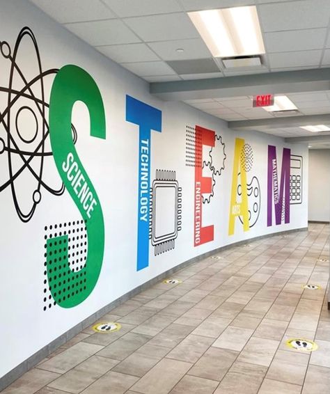 Office Wall Graphics Design, Steam Classroom Design, Steam Lab Design, Stem Mural, School Signage Design, School Wall Graphics, School Wall Design, Infographic Wall, Wall Graphics Design