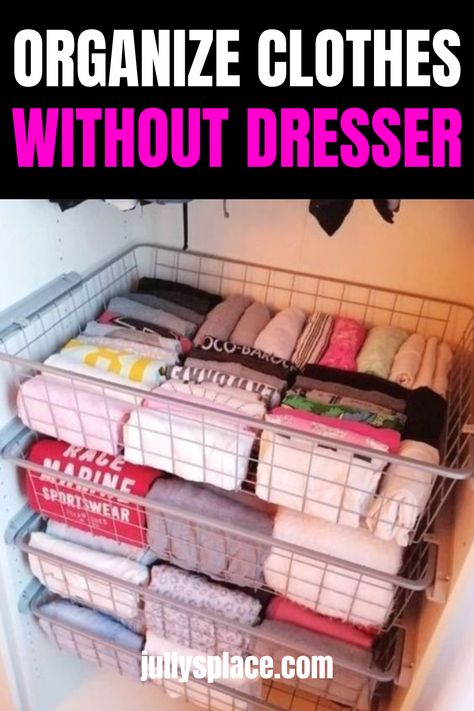 Organize clothes without dresser Drawer Organization Clothes, Dresser Top Organization Ideas, Dresser Alternative, Dresser Top Organization, T Shirt Storage, Organization Clothes, Shirt Storage, Shirt Organization, Organize Clothes