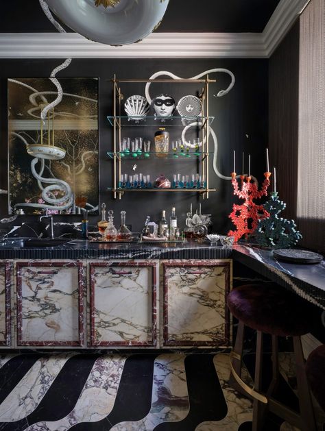 Oliver Furth’s ‘Optimistic Interiors’ Push the Boundaries in All the Right Ways - 1stDibs Introspective Snake Room, Brown Jordan Outdoor Furniture, Blue Marble Tile, Lime Wash Walls, Bar Shelving, Kips Bay Showhouse, Second Floor Landing, House New York, The Shade Store