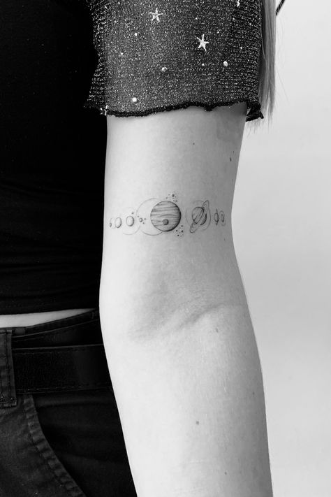 Solar System Band Tattoo, Planet Arm Tattoo, Planet Wrist Tattoo, Solar System Arm Band Tattoo, Universe Related Tattoos, Solar System Wrist Tattoo, Planets In A Line Tattoo, Line Of Planets Tattoo, Linear Solar System Tattoo