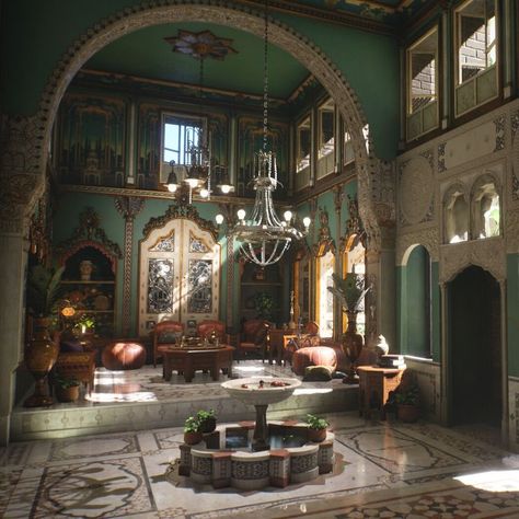 Damascene House, Syrian House, Aladdin Palace, Ball Rooms, Molding Ceiling, India Architecture, Damascus Syria, Paintings And Drawings, House Inside