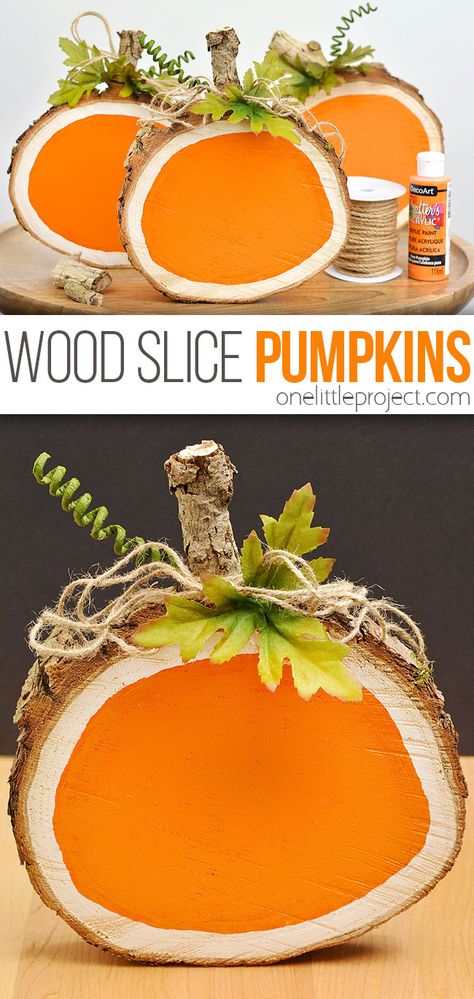 Wood Slice Pumpkins | Easy DIY Craft for Halloween or Thanksgiving Thanksgiving Pumpkin Decorating Ideas, Fall Crafts Ideas For Adults, Wood And Nails Crafts, Crafts For Kids September, Thanksgiving Decorations Diy Crafts Paper, Fall Make And Take Crafts For Adults, Diy Halloween Decorations Pumpkins, Mini Wood Slice Crafts, Easy Diy Things To Sell