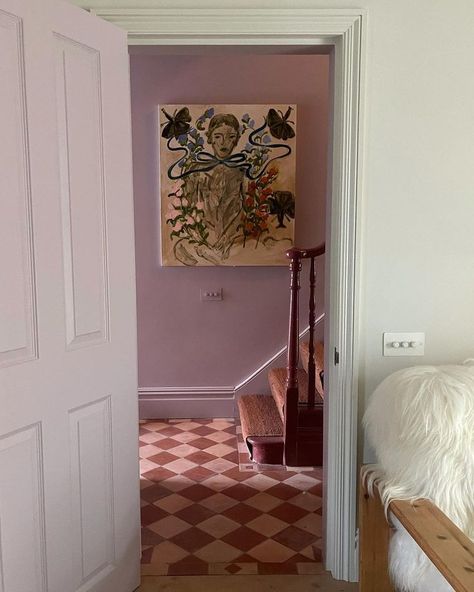 Blue Hallway Aesthetic, Powder Blue Living Room, Lucy Williams Home, Feminine House, London Homes Interior, London Apartment Interior, Vintage Tile Floor, Feminine Interior, Feminine Apartment