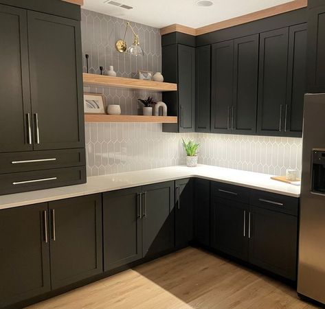 Charcoal Kitchen, White Oak, Floating Shelves, Floating, Kitchen Cabinets, Tile, Dream House, Cabin, Shelves