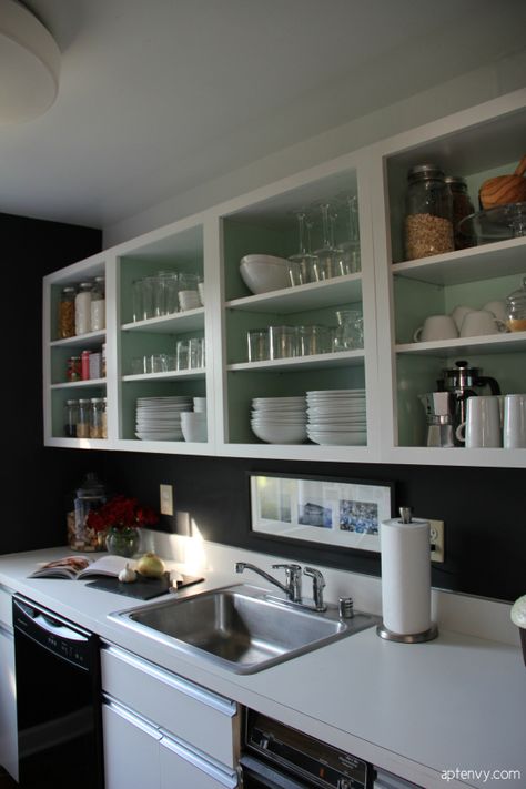 Kitchen makeover: Chalkboard paint on the walls and pantry cupboards. Kitchen Cabinets Without Doors, Open Kitchen Cabinets, Kitchen Arrangement, Before After Kitchen, Kabinet Dapur, Kitchen Refresh, Kitchen Cabinets Makeover, Kitchen On A Budget, Style Change