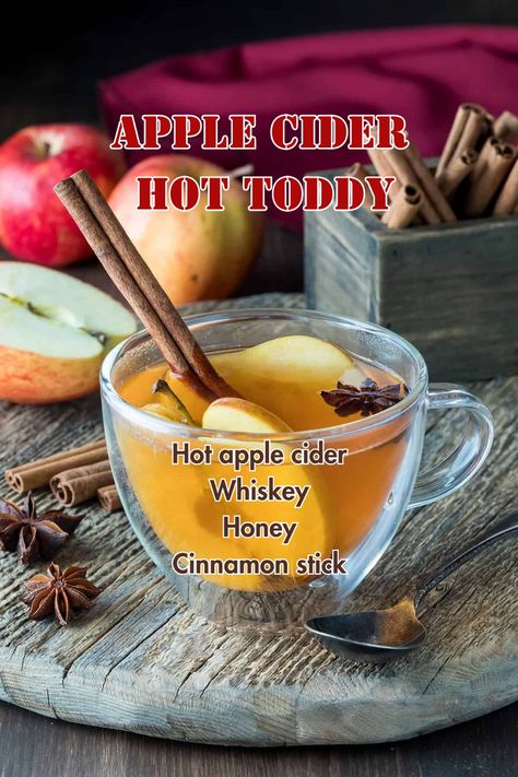 A mug of apple cider hot toddy with apple slices and cinnamon sticks, creating a cozy winter vibe. Hot Toddy Recipe Whiskey, Cider Spices, Apple Cider Whiskey, Apple Cider Hot Toddy, Hot Toddy Recipe, Gingerbread Hot Chocolate, Warm Cocktails, Spiked Apple Cider, Toddy Recipe