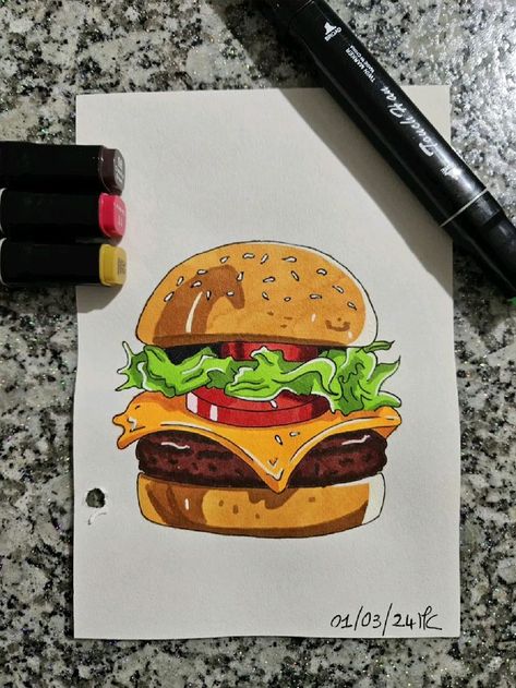 How To Draw Burger, How To Draw A Burger, Drawing Burger, Burger Sketch, Burger Drawing, Acyrlic Painting, Cookbook Club, Easy Scenery, Burger Cartoon