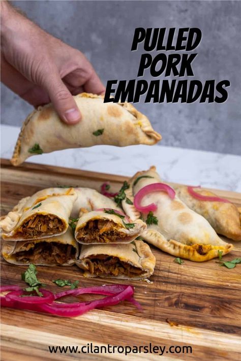 Pork Empanadas Recipe, Pulled Pork Empanadas, Krempita Recipe, Pulled Pork Carnitas, Pork Empanadas, Empanada Dough, Cilantro Parsley, Store Bought Pizza Dough, Easy Pulled Pork