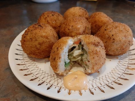 Deep-Fried California Roll Rice Balls Deep Fried California Roll, Fried California Roll, Sushi Fried, Sauerkraut Balls, Fried Balls, Fried Sushi, Crunchy Bread, Sausage Sauerkraut, Fried Eggplant