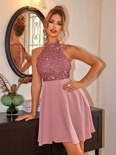 Glitter Rosa, Mock Neck Mini Dress, Blue Zone, Maxi Dress Formal, Formal Evening Dresses, Stretchy Fabric, Sequin Dress, Mock Neck, Blush Pink