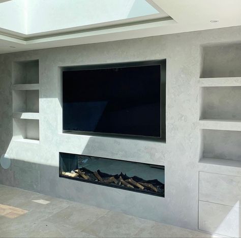 Media wall with fire place and Venetian plaster Venetian Plaster Tv Wall, Venetian Plaster Media Wall, Luxury Media Wall, Venetian Plaster Fireplace, Fireplace Luxury, Fireplace Feature, Media Walls, Fireplace Feature Wall, Feature Wall Living Room