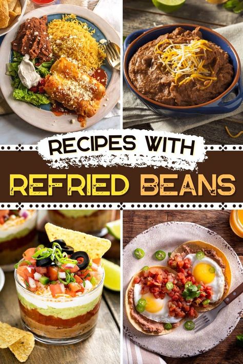 Try these recipes with refried beans for tasty, easy meals! From breakfast casserole to enchiladas to pizza, there are plenty of great uses for them. How To Use Refried Beans, Refried Beans Recipe Meals, Recipes With Refried Beans, Black Bean Refried Beans, Meatless Breakfast, Taco Tuesday Recipes, Refried Beans Recipe, Recipes With Few Ingredients, Easy Healthy Lunches