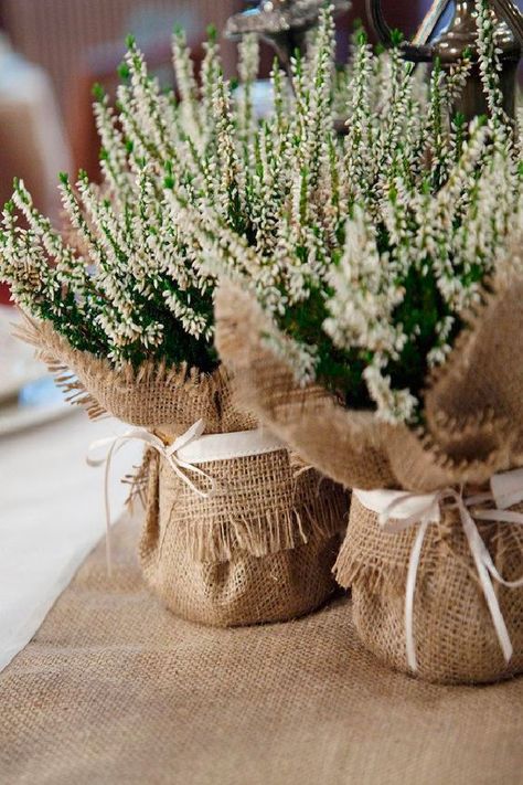 Wrap potted plants in sheets of burlap and boom—wedding decor done! Make mini versions for tables and large-scale arrangements to adorn the aisle. There’s really so much burlap can help you do when it comes to DIY-ing your wedding. Burlap Centerpieces, Burlap Wedding Decorations, Rustic Burlap Wedding, Deco Champetre, Tafel Decor, Country Wedding Decorations, Rustic Bridal, Burlap Wedding, Wedding Table Centerpieces