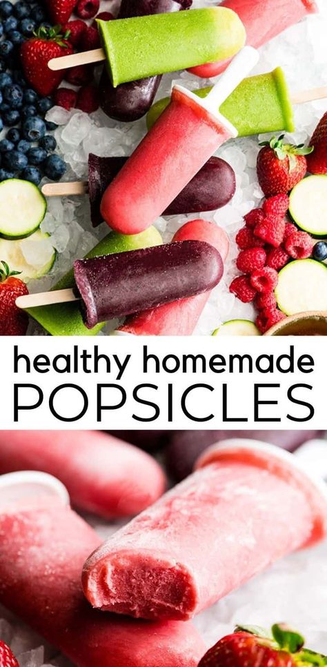 This Homemade Fruit Popsicle recipe is an easy, healthy and refreshing summer treat or snack!  These popsicles are made with only 5 ingredients including fresh fruit and vegetables, in 5 minutes (plus freezing time)! Make a variety of flavors by using different combinations of fruits, juices, and yogurts! A great healthy dessert to enjoy after a day of fun in the sun! #popsicles #fruitpopsicles #homemadepopsicles #healthydessert #popsiclerecipe Fruit Popsicle Recipes, Homemade Fruit Popsicles, Healthy Popsicle Recipes, Fresh Fruit And Vegetables, Healthy Fruit Desserts, Healthy Popsicles, Desserts Keto, Fruit Popsicles, Cookies Gluten Free