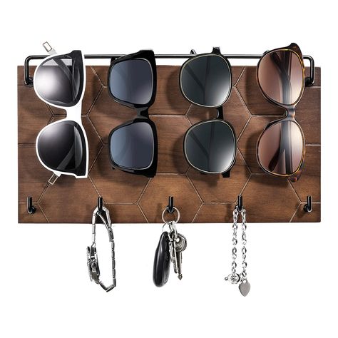 PRICES MAY VARY. 🕶【Premium Material】 The sunglasses and keys holder for wall is made of natural wood with polished and smooth surface, comes with a hanging rod and 5 metal hooks, well built to store your sunglasses and keys. Easy to clean and maintain color for a long time. 🔑【Excellent Space Saving】 The sunglasses holder is suitable for hanging on wall, next to the door, entry, living room, bedroom, apartment, displayed in your home or store. Keep your sunglasses organized, help you to quickly Sunglasses Wall Holder, Sunglass Organizer, Entry Living Room, Coat Rack With Storage, Wand Organizer, Keys Holder, Sunglasses Organizer, Earring Display Stands, Jewelry Organizer Wall