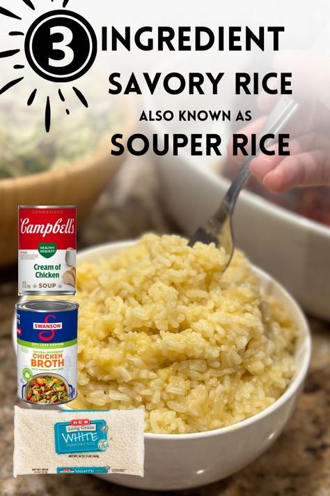 This 3 ingredient Savory Rice recipe is a foolproof method to make perfect rice every single time. Ready in less than 15 minutes, the secret ingredients are stock and creamy canned soup. Trust me when I say this is a fan favorite and is delicious served with vegetables, chicken, fish, or steak. Creamy Souper Rice, Souped Up Rice, Soupy Rice Recipe, Souper Rice With Regular Rice, Supper Rice Recipe, 3 Ingredient Rice Recipes, Rice And Cream Of Chicken Soup, Rice And Soup Recipes, Converted Rice Recipes