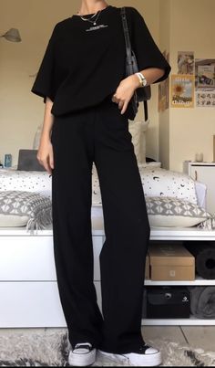 Black Pants And Black Top Outfit, Black Ribbed Pants Outfit, Shapeless Outfit, Black Trousers Outfit Summer, Black Bootcut Pants Outfit, Causal Outfits 2024, Black Wide Pants Outfit, Black Slacks Outfit Casual, Korean Casual Outfits Street Styles