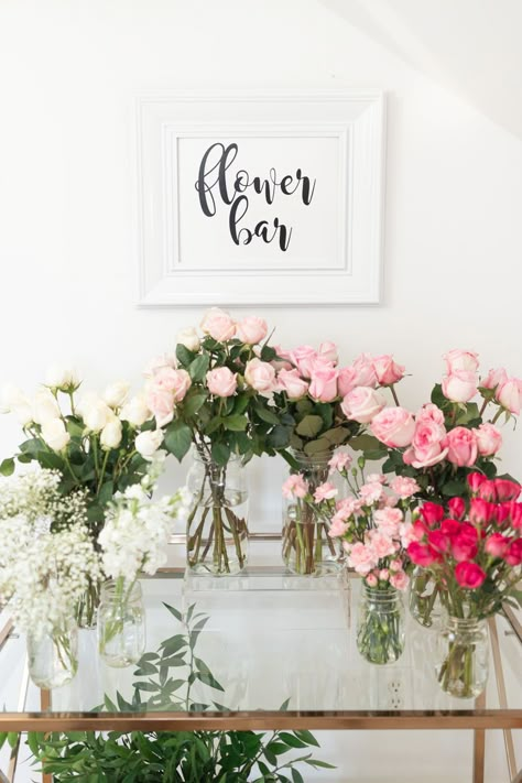 Flower Bar Free Printable, Flower Bar Thank You, Bridal Shower Diy Flower Bar, Flower Bar At Bridal Shower, Bridal Shower Flower Theme Decor, Bridal Shower Floral Bar, Bridal Shower Flower Bouquet Bar, Build Your Bouquet Bar, Bridal Showers On A Budget