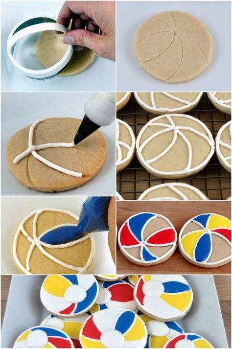 Tip for making perfect Beach ball cookies Beach Ball Cookies, Cookies Summer, Summer Sugar Cookies, Ball Cookies, Beach Cookies, Decorate Cookies, Decoration Patisserie, Making Cookies, Iced Sugar Cookies