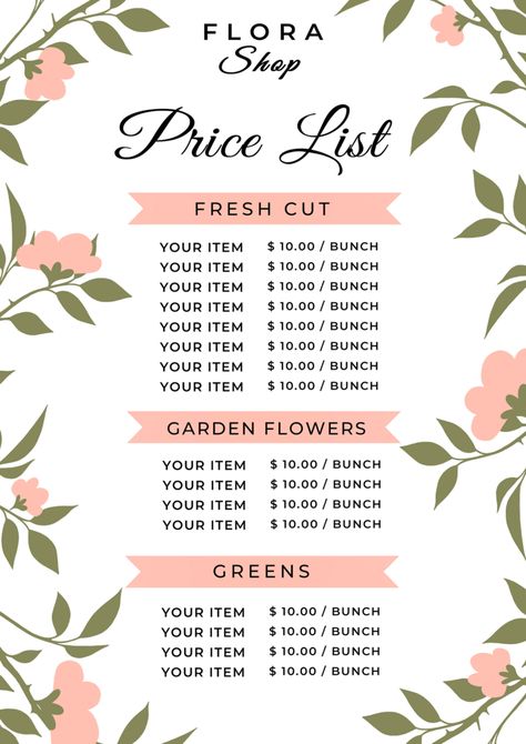 Plant Border, Florist Business Card, Plant Background, Money Sign, List Template, Psd Free Download, Tea Shop, Price List, Graphic Design Templates