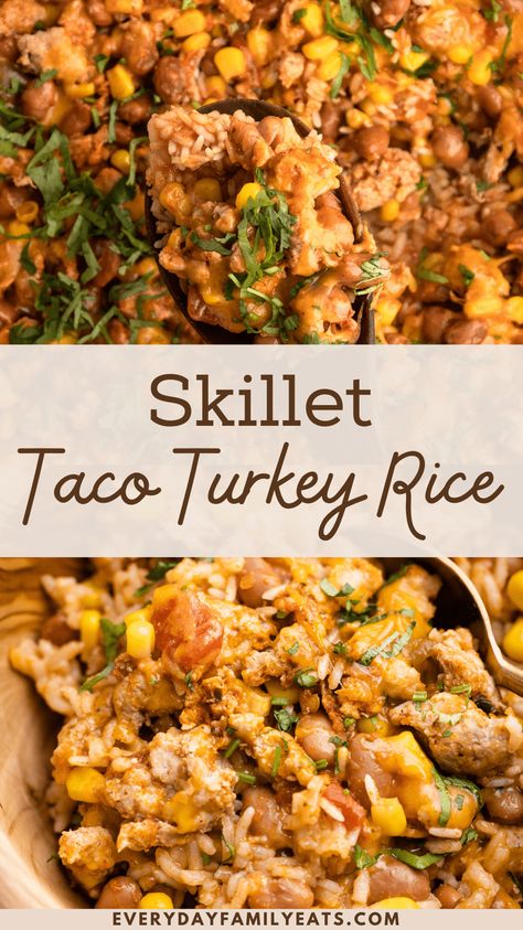 This Turkey Taco Rice Skillet is a delicious one-pan meal. Ground turkey, beans, corn, and lightly spiced rice make this a wholesome meal meant for weeknights. Meals With Ground Turkey And Rice, Ground Turkey And Corn Tortilla Recipes, Ground Turkey Recipes For Dinner Gluten Free, Ground Turkey And White Rice Recipes, Ground Turkey Fajitas Recipes, Ground Turkey Recipes Gluten Dairy Free, Savory Ground Turkey Recipes, What Can I Make With Ground Turkey Meat, Ground Turkey And Beans Recipes