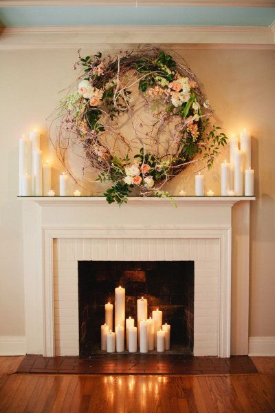 Photography by Kristyn Hogan / kristynhogan.com, Event Design, Floral Design  Planning by Cedarwood Weddings / cedarwoodweddings.com Christmas Fireplace Mantels, Shabby Chic Decorating, Fake Fireplace, Candles In Fireplace, Cottage Shabby Chic, Christmas Fireplace Decor, Romantic Home Decor, Faux Fireplace, Wedding Wreaths