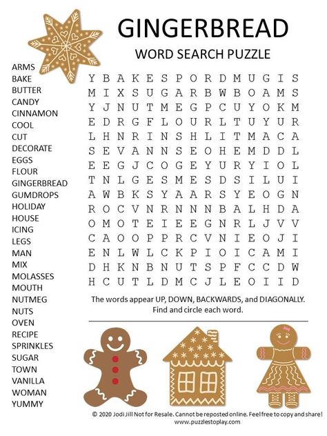 Gingerbread Word Search Puzzle Christmas Logic Puzzles, Holiday Word Search, Puzzles Printable, Christmas Puzzles, Puzzle Worksheet, Free Printable Puzzles, Xmas Games, Christmas Word Search, Christmas Coloring Sheets