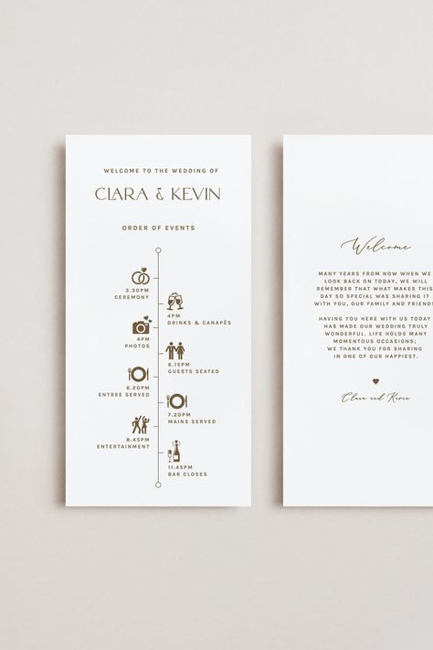 The simple elegance of this minimalist wedding welcome bag note from our Clara collection offers a clean yet attractive way to communicate the itinerary for the day and keep your guests on schedule. Our editable templates make it quick and easy for brides to acquire wedding stationery that is elegant, refined, and budget-friendly. Purchase, edit, and print within minutes using the Templett app - a user-friendly editing software that opens directly in your web browser. FILES INCLUDE Welcome Bag N Reception Itinerary Timeline Events, Evening Wedding Schedule Of Events, Wedding Beauty Prep Timeline, Short Wedding Timeline Day Of, Welcome Bag Note, Wedding Day Timeline Template, Reception Timeline, Wedding Reception Timeline, Wedding Order Of Events