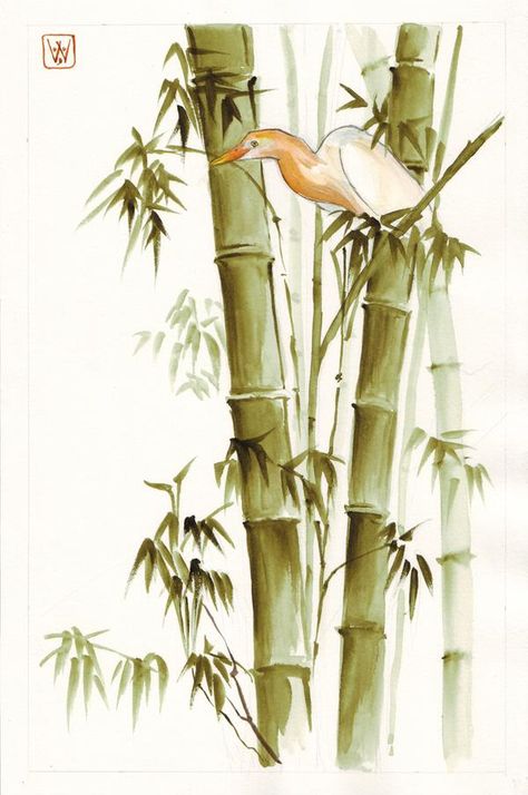 bamboo and heron by emmawood on DeviantArt Bamboo Art Painting, Bamboo Drawing, Bamboo Ideas, Bamboo Landscape, Bamboo Trees, Sumi E Painting, Art Chinois, Chinese Art Painting, Japanese Drawings