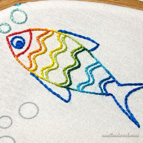 Something Fishy: Picking Colors & Stitches – NeedlenThread.com Embroidery Outline, Hand Embroidery Letters, Fish Embroidery, Basic Hand Embroidery Stitches, Learning To Embroider, Herringbone Stitch, Wool Embroidery, Embroidery Threads, Embroidery Letters