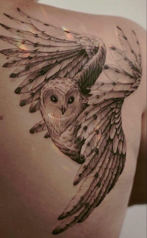 Ghost Owl Tattoo, Back Owl Tattoo Women, Owl Goddess Tattoo, Owl Patchwork Tattoo, Fierce Owl Tattoo, Owl Hip Tattoo, Owl Rib Tattoo, Pueo Hawaiian Owl Tattoo, Owl Tattoo Drawings Realistic