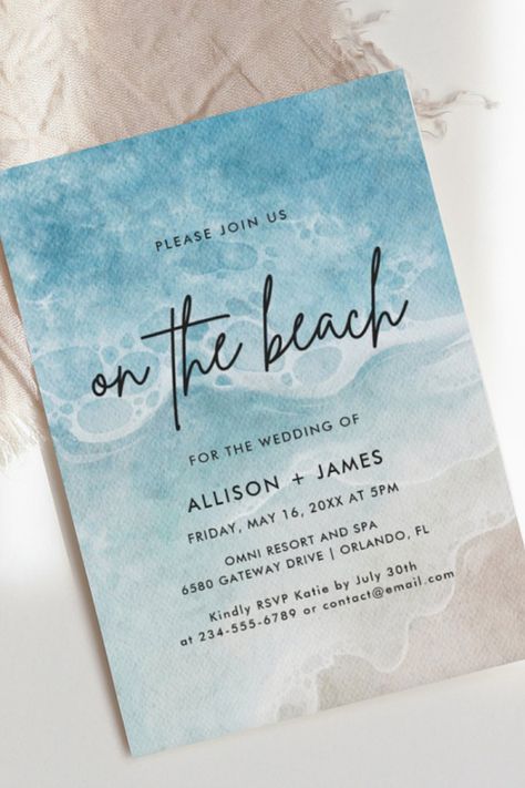 card size 5" x 7", summer, beach, watercolor style Diy Wedding Beach, Reception On The Beach, Beach Wedding Schemes, Light Blue And White Beach Wedding, Beach Wedding Aisle Ideas, Affordable Beach Wedding, Wedding Beach Invitations, Boho Beach Wedding Invitations, Summer Wedding Beach