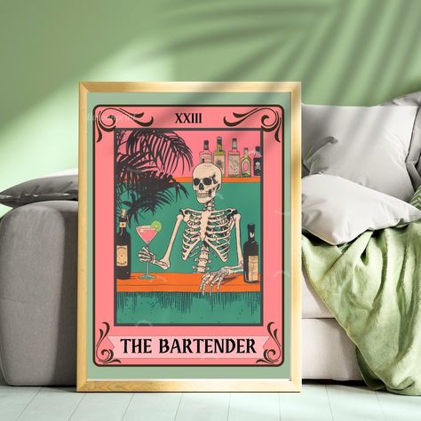 The Bartender Tarot Card - Skeleton Wall Art - Bar Cart Art - Skeleton Cocktail Print - Witchy Bar Art - Tarot Wall Art - Gothic Cocktail - Dopamine Decor - Whimsical Wall Art - Whimsigoth Print - Gothic Bar Sign The Bartender Tarot Card is a celebration of all things fun and spooky. Drawing this card would suggest that your future involves fun conversation, stories to tell, a night out, and a delicious cocktail. This would be a great gift for bartenders, gift for mixologists, or a great additio Witchy Bar Cart, Funky Bar Decor, Hole In The Wall Bar, Tarot Halloween Decor, Bright Gothic Decor, Vintage Eccentric Decor, Yallternative Home Decor, Bar Carts Ideas Decor, Bar Artwork Decor