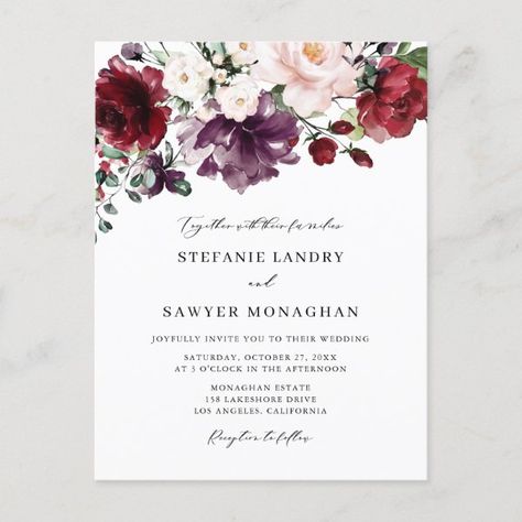 Purple Watercolor Flowers, Postcard Wedding Invitation, Red Wedding Invitations, Wedding Postcard, Wedding Themes Winter, Purple Wedding Invitations, Cream Wedding, Wedding Invitations Boho, Flower Wedding Invitation