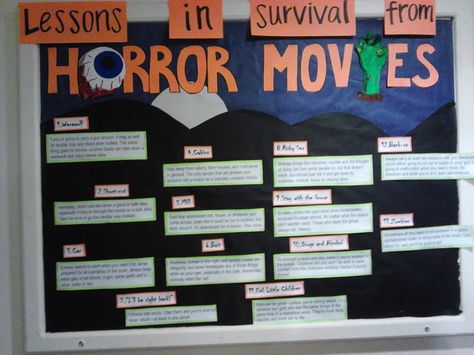 Halloween/october bulletin board: Lessons in Survival from Horror Movies! Created by one of my staff members :) Movie Bulletin Boards, Dorm Bulletin Boards, October Bulletin Board, Horror Oc, Halloween Boards, Resident Assistant Bulletin Boards, October Bulletin Boards, Dorm Themes, November Bulletin Boards