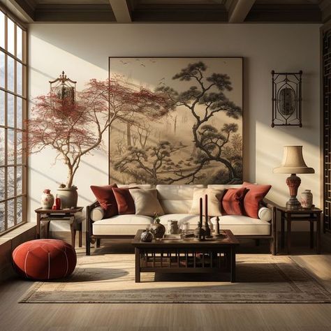 Asian Style Living Room, China Room, Vintage Living Room Design, Asian Decor Living Room, Japanese Images, Sitting Room Interior Design, Chinese Living Room, Receiving Area, Chinese Interior Design