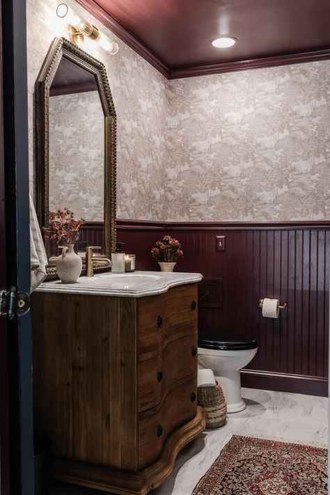 Vanity Same Color As Wall, Artsy Powder Room, Diy Antique Bathroom Vanity, Colonial Half Bath, Old World Powder Room, Dark Bathroom No Window, Ralph Lauren Inspired Bathroom, Benjamin Moore Salamander Bathroom, Powder Bath With Wallpaper