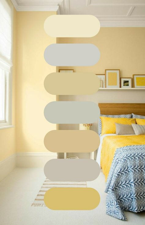 #colorpallete #yellow #wallcolor #homedecor #bedroom Bedroom Paint Colors Yellow, Colors That Go With Pale Yellow, Yellow Colour Bedroom Ideas, Yellow Walled Bedroom, Yellow Pastel Bedroom, Cream Yellow Bedroom, Bedroom Color Schemes Yellow, Yellow Wall Aesthetic Bedroom, Pale Yellow Walls Bedroom