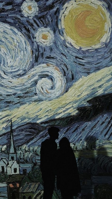 <3 Starry Night Couple Aesthetic, Starry Night Couple Painting, Vincent Van Gogh Wallpaper Iphone, Starry Night Couple, Van Gogh Wallpaper, Starry Night Wallpaper, Starry Night Art, Starry Night Painting, Arte Van Gogh