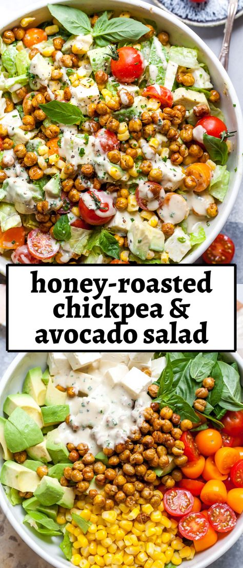 Chickpea And Avocado Salad, Pescetarian Meals, Creamy Herb Dressing, Honey Roasted Chickpeas, Chickpea And Avocado, Roasted Chickpea Salad, Living Foods, Bowls Recipes, Roasted Chickpea