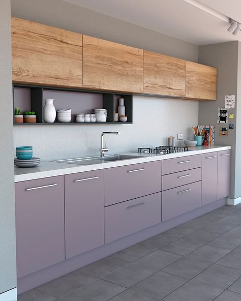 Kevin Hollings kitchens on Instagram: “COSDON | This simple modern kitchen has been revamped with a fresh appeal through the use of bespoke painted Lilac cabinets combined with a…” Lilac Cabinets, Purple Kitchen Cabinets, Simple Modern Kitchen, Lilac Kitchen, Open Shelving Kitchen, Shelving Kitchen, Purple Kitchen, Oak Wall, Wall Units