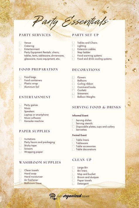 Party Essentials List Party Essentials List, Party Planner Business, Becoming An Event Planner, Planning List, Party Planning Business, Essentials Checklist, Event Planning Template, Party Checklist, Event Planning Checklist