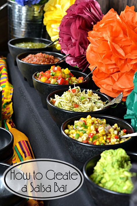 How to Create a Salsa Bar | Whether you're celebrating a birthday, having a fiesta or it's game day a salsa bar is fun and easy to put together. Tacobar Party, Mexican Party Food, Taco Bar Party, Salsa Bar, Mexican Birthday Parties, Nacho Bar, Mexican Fiesta Party, Fiesta Theme Party, Mexican Dinner