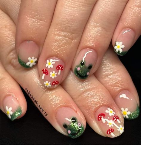 Short Mushroom Nails, Strawberry Acrylic Nails, Detail Nails, Frog Nails, Mushroom Nails, Cartoon Nail Designs, Girly Tingz, B Day Gifts, Fall Cottage