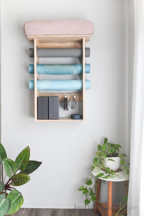 Easy Yoga Mat Holder Plans Diy Yoga Mat Holder, Outdoor Furniture Woodworking Plans, Coffee Table Woodworking Plans, Diy Yoga Mat, Yoga Storage, Home Yoga Room, Wall Mounted Storage Shelves, Hobby Storage, Yoga Mat Storage