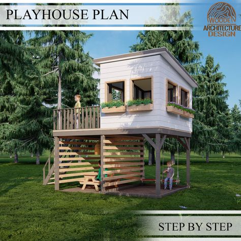 Kids Playset Made Out Of Sawmill Cut Lumber, Housing A Forest For Kids, Kidcraft Forest View Playhouse, House With Pergola, Wooden Garden House, Playhouse Plan, Modern Playhouse, Tree Deck, Playhouse Plans