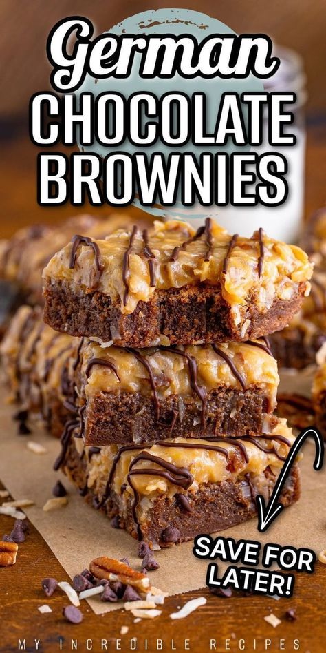 Try this unique twist on on a classic chocolate treat with these homemade German chocolate brownies. They’re ooey, gooey, and loaded with the perfect combination of coconut, pecans, and chocolate! These German chocolate brownies are an explosion of amazing chocolate flavors that blend so well with the delicious topping. These brownies are so easy to make and are perfect to serve tonight as your dessert! Try them today! Easy Travel Dessert Recipes, Comfort Sweets, Chocolate Dessert Bar, German Chocolate Brownies, Brownie Bars, Best Brownie Recipe, German Baking, Best Chocolate Desserts, Brownie Ingredients