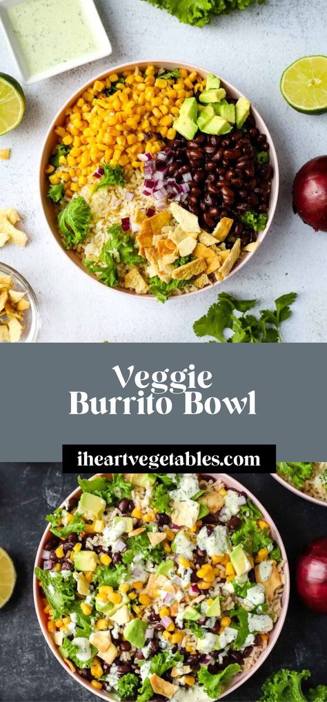 This veggie burrito bowl recipe is filled with rice, beans, and greens, and drizzled with a delicious cilantro sauce. This recipe was inspired by the El Jefe bowl from Roots. Veggie Rice Bowl Recipe, Veggie Burrito Bowl, Easy Healthy Vegetarian Recipes, Burrito Ingredients, Veggie Rice Bowl, Beans And Greens, Grain Bowl Recipe, Chipotle Burrito Bowl, Vegetarian Burrito