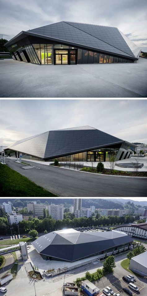 The building looks like a sports arena, but this impression is deceptive: a chain of shopping centres, furniture stores and wholesalers stretches through Spreitbach along the busy country road. Learn more at Architonic.com #architonic #architecture #design #mixedusedevelopment #shopdesign #commercialdesign #shoppincenter #buildingdesign #exteriordesign #modernarchitecture #modernexterior Arena Architecture, Arena Design, Exhibition Building, Mixed Use Development, Sports Arena, Sport Hall, Office Buildings, Indoor Sports, Indoor Swimming Pools